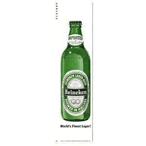 1963 Heineken Beer Green Bottle Vintage Print Ad Holland Lager Drawing Wall Art